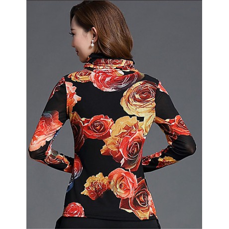 Spring/Fall Women's Casual/Daily Tops Turtleneck Long Sleeve Fashion Floral Printing Gauze Blouse Shirt