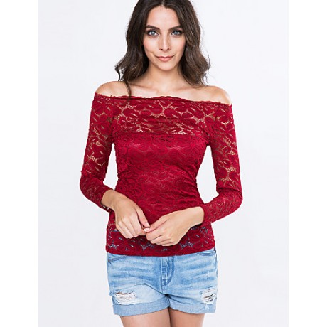 Women's Vogue Lace Bateau Long Sleeve Hollow Out Lace T-shirt