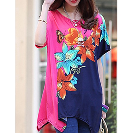 Women's Casual/Daily Boho / Street chic Summer T-shirt,Floral Round Neck Short Sleeve Pink Rayon Thin