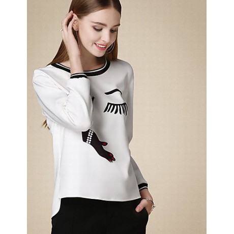 Women's Casual/Daily Cute Fall T-shirtPrint Round Neck Long Sleeve White Cotton Medium