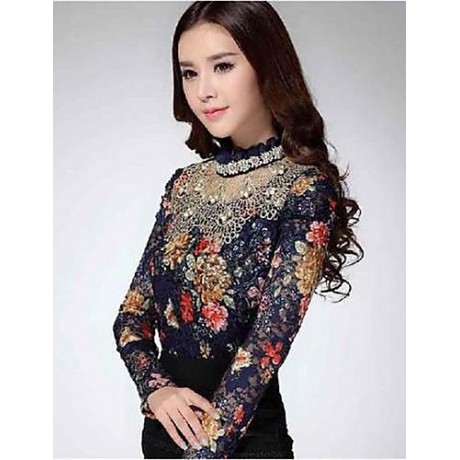 Women's Stand Lace/Mesh T-shirt , Chiffon Long Sleeve