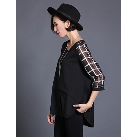 Women's Casual/Daily Plus Size / Street chic Summer Blouse,Check Round Neck ? Sleeve Black Silk / Polyester Thin