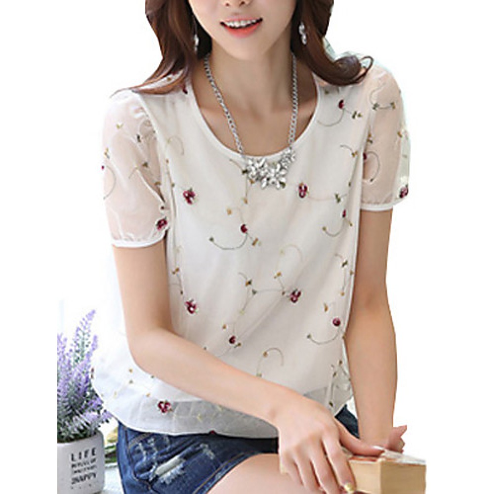 Women's Print White / Black Blouse,Round Neck Short Sleeve