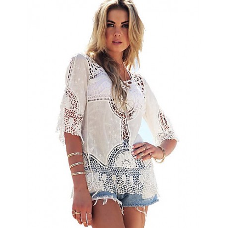 Women's Beach Sexy / Boho Blouse,Solid Round Neck ? Length Sleeve White Rayon Medium