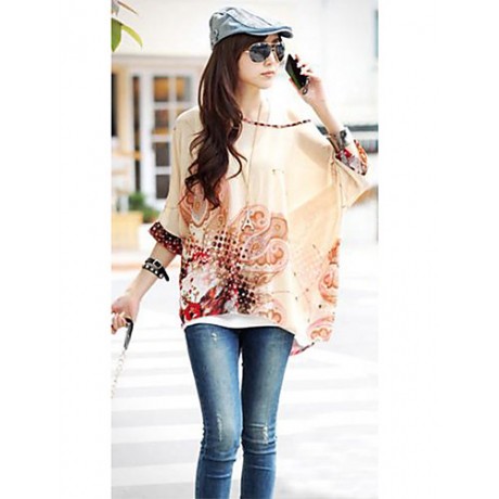 Women's Slack Neck Batwing Sleeve Printed Loose-Fitting Blouse