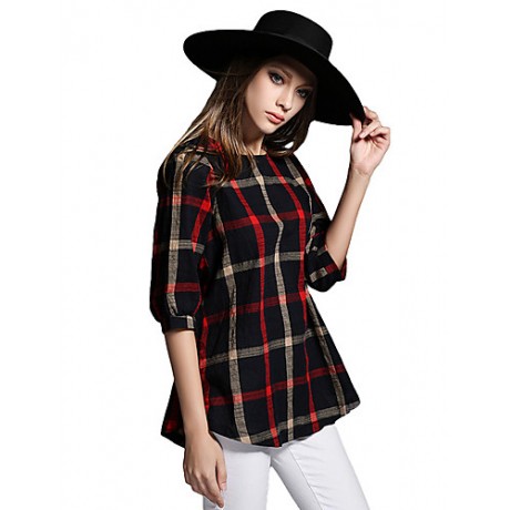 Women Ladies Blouse Plaid Print O Neck 3/4 Sleeve Plus Size Casual Loose Vintage Shirt Tops