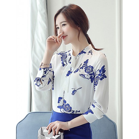 Women's New Fashion Bowknot Chiffon Long Sleeve Blouses Shirt