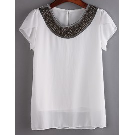 Women's Round Neck Sequins Blouse , Chiffon Short Sleeve