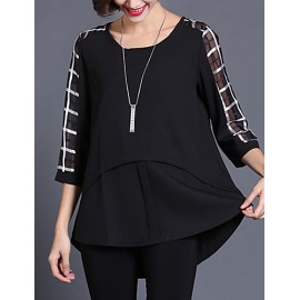 Women's Casual/Daily Plus Size / Street chic Summer Blouse,Check Round Neck ? Sleeve Black Silk / Polyester Thin