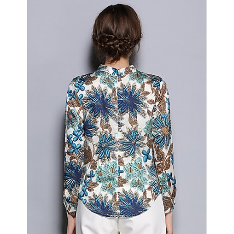 Women's Going out Vintage Spring BlousePrint Stand Long Sleeve Blue Cotton / Polyester Thin