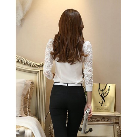  Women's Solid White Shirt,Shirt Collar Long Sleeve