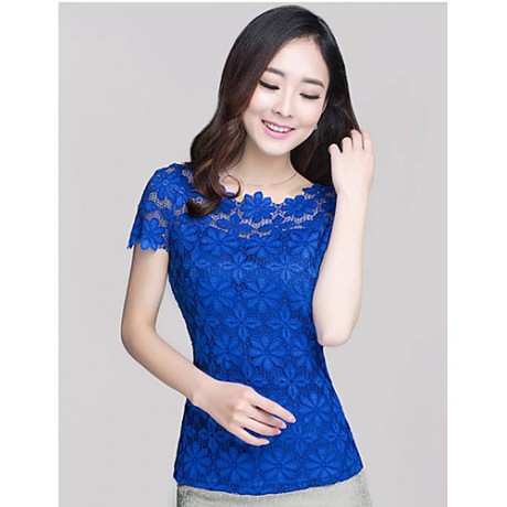 Summer Plus Size Women Solid Color Round Neck Short Sleeve Lace Blouse Slim Was Thin T-shirt Tops