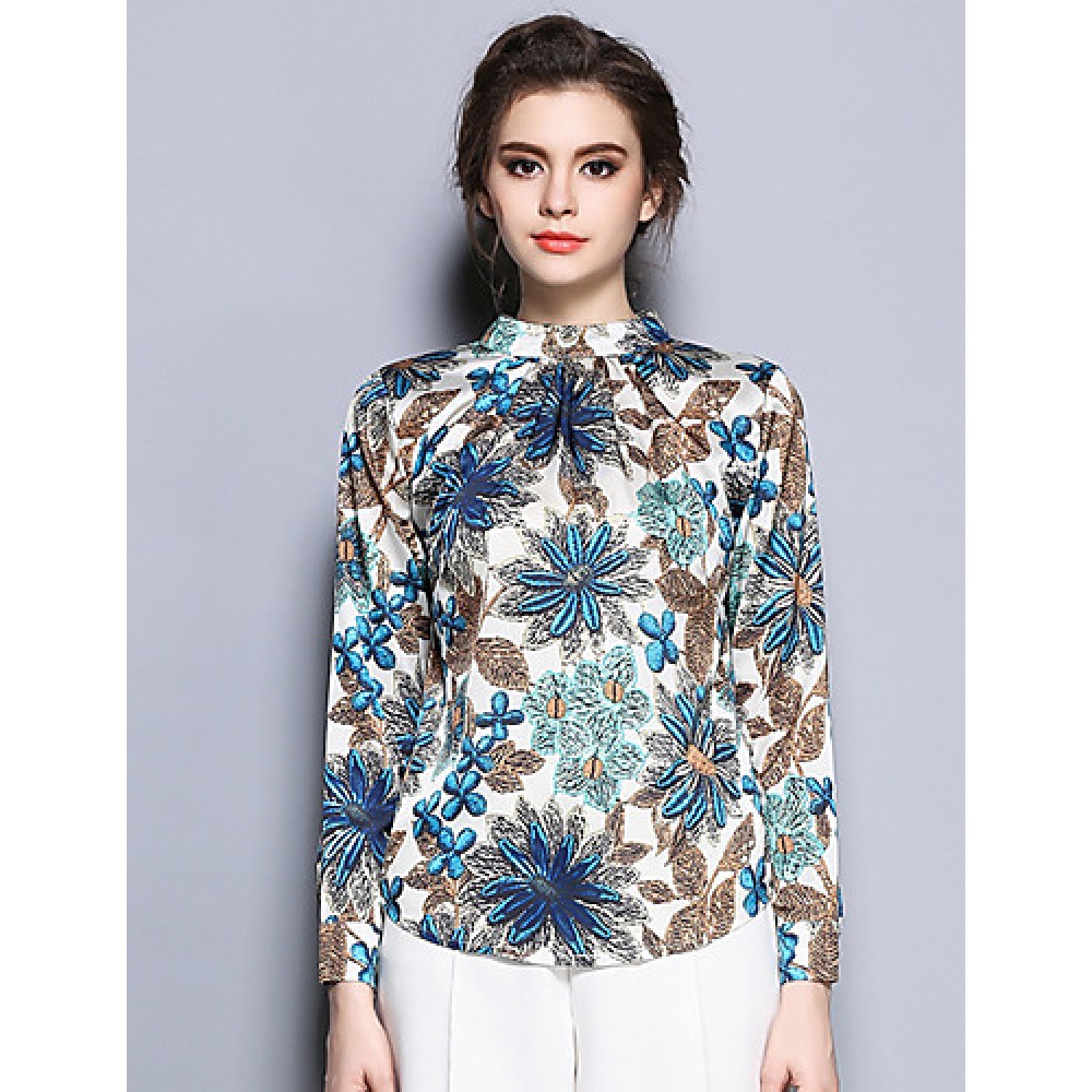 Women's Going out Vintage Spring BlousePrint Stand Long Sleeve Blue Cotton / Polyester Thin