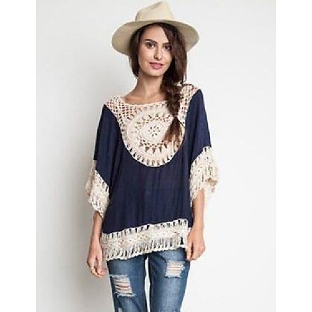 Women's Patchwork Lace Bohemian style Hollow Out Blouse,Round Neck ? Length Sleeve