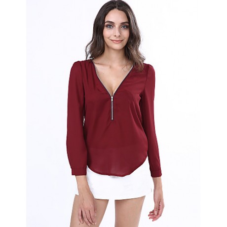 Women‘s V Neck Long Sleeve Zipper Blouse(More Colors)