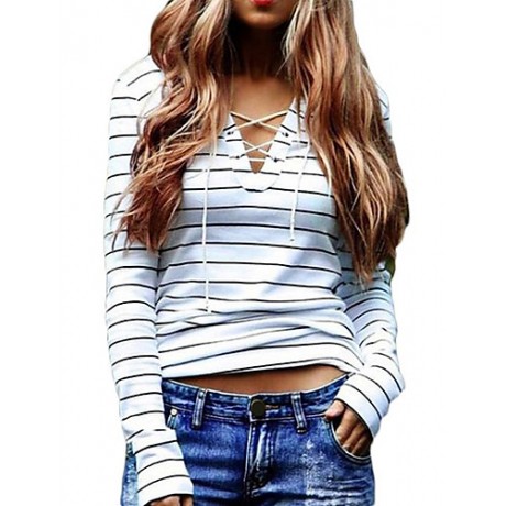 Women's Casual/Daily Sexy / Street chic Spring / Fall Hollow Out Slim Bandage T-shirtStriped V Neck Long Sleeve White