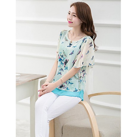 Women's Going out Simple / Street chic Blouse,Floral Round Neck Short Sleeve Blue / Pink Polyester Thin