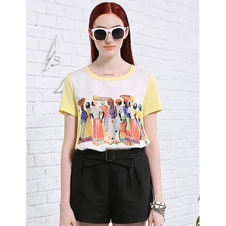 Women's Casual/Daily Vintage Summer T-shirtPrint / Color Block Round Neck Short Sleeve