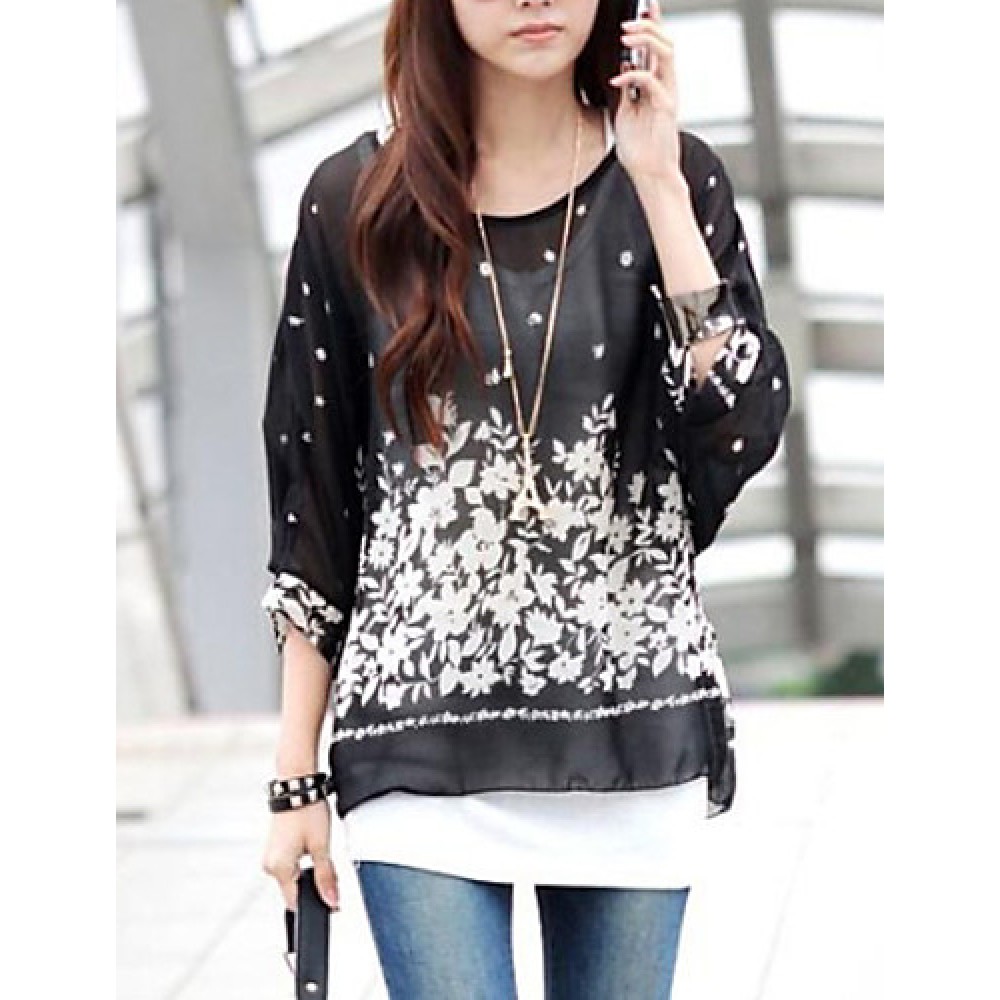 Women's Casual/Daily Boho All Seasons Blouse,Print Round Neck Short Sleeve Blue / Black Thin