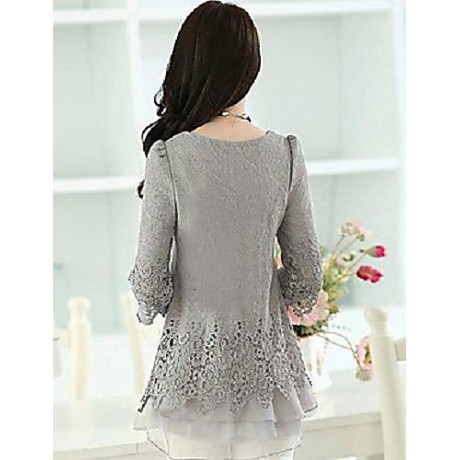 Women's Patchwork Black/Beige/Gray Blouse,Casual Round Neck Long Sleeve Hollow Out