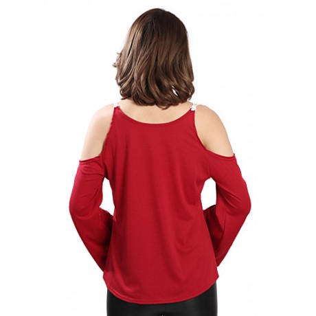 Women's Patchwork Lace Strap Off-The-Shoulder All Match Loose Casual V Neck Long Sleeve Plus Size T-shirt