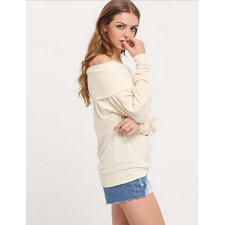 Women's Casual Fall / Winter T-shirt Solid Off Shoulder Long Sleeve White / Brown Shirt