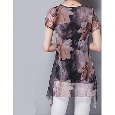 Women's Going out / Casual/Daily Street chic ,Print Round Neck Short Sleeve Brown Polyester Thin