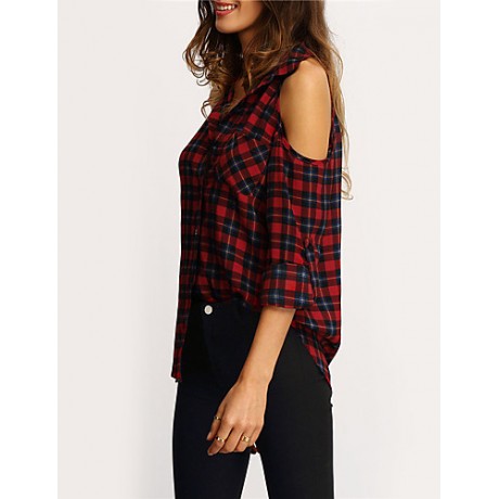 Women's Going out / Casual/Daily Sexy / Street chic Off-The-Shoulder Shirt Plaid Shirt Collar Long Sleeve