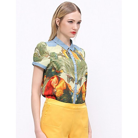 Women's Going out Vintage Summer ShirtPrint Shirt Collar Short Sleeve Blue / Green Cotton / Polyester Opaque