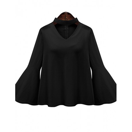 Women's Flare Sleeve Solid White / Black Loose Thin Blouse,Plus Size V Neck Long Sleeve