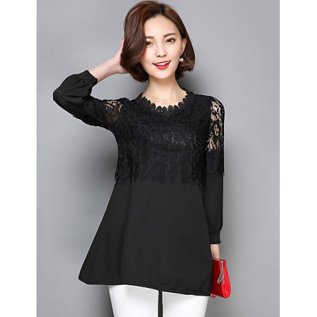 Women's Patchwork Pink / Red / Black Long section Blouse,Casual Lace Cut Out Fashion Round Neck ? Sleeve Polyester/Nylon