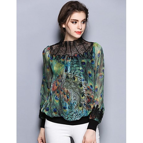 Women's Going out Street chic Fall T-shirtPrint Crew Neck Long Sleeve Green Polyester Thin