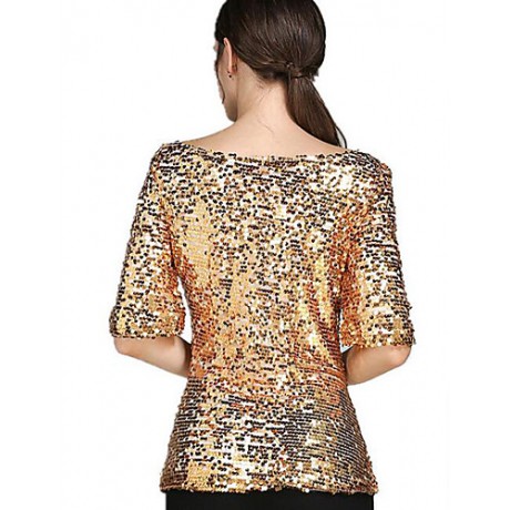 Women's Solid Gold Sequins Club Casual Street chic Plus Size All Match T-shirt,Round Neck ? Length Sleeve