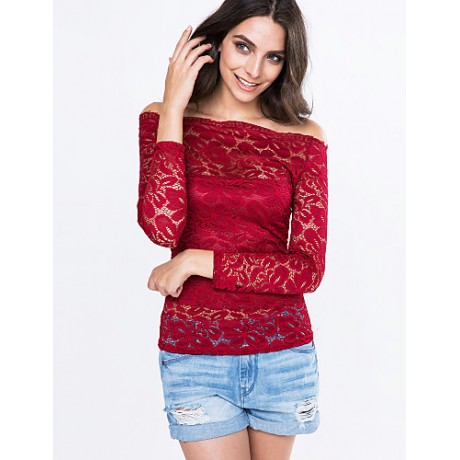 Women's Vogue Lace Bateau Long Sleeve Hollow Out Lace T-shirt