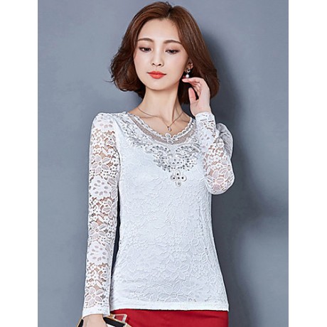 Spring Fall Casual Plus Size Women's Tops Solid Color V Neck Long Sleeve Lace Blouse Pink / White / Black