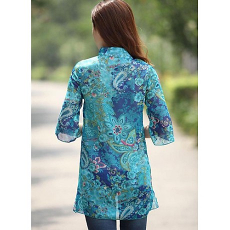 Women's Casual/Daily Boho Summer Blouse,Floral Stand ? Sleeve Blue Polyester Thin