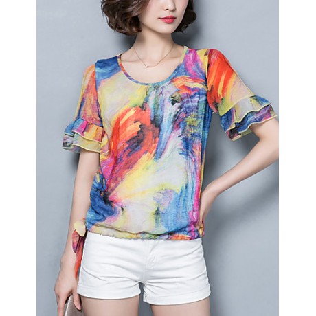 Women's Casual/Daily Vintage / Boho Summer Blouse,Print Round Neck Short Sleeve Red / Purple Polyester Thin