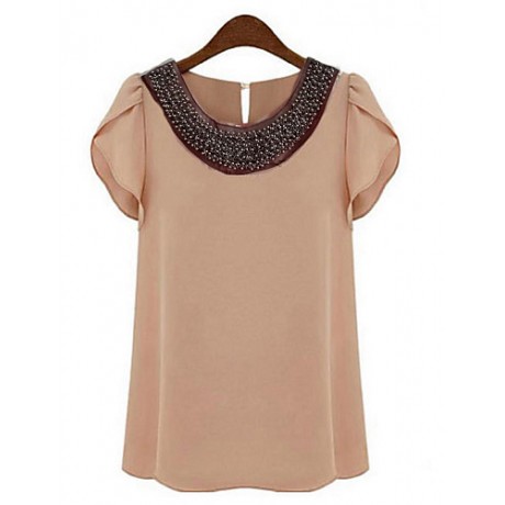 Women's Round Neck Sequins Blouse , Chiffon Short Sleeve