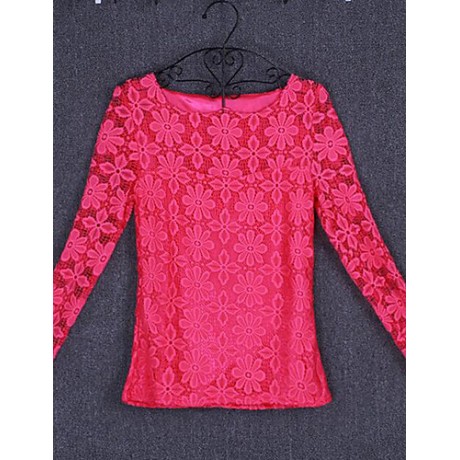 Women's Patchwork Lace Slim All Match Fashion Street chic Simple Plus Size T-shirt,Round Neck Long Sleeve