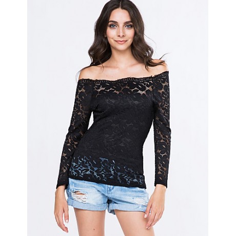 Women's Vogue Lace Bateau Long Sleeve Hollow Out Lace T-shirt