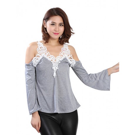 Women's Patchwork Lace Strap Off-The-Shoulder All Match Loose Casual V Neck Long Sleeve Plus Size T-shirt