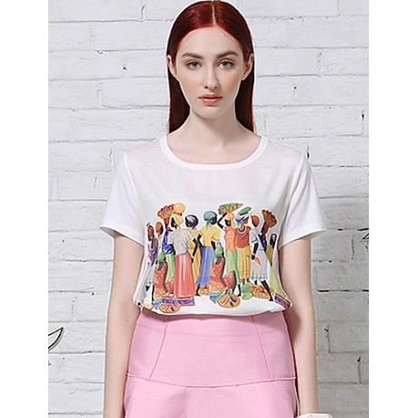 Women's Casual/Daily Vintage Summer T-shirtPrint / Color Block Round Neck Short Sleeve