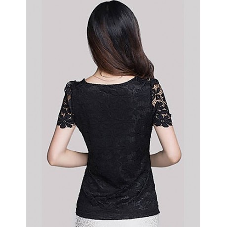 Summer Plus Size Women Solid Color Round Neck Short Sleeve Lace Blouse Slim Was Thin T-shirt Tops