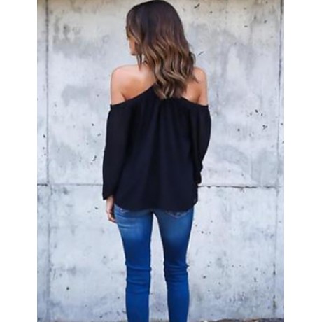 Women's Going out / Casual/Daily Sexy / Street chic Summer / Fall BlouseSolid Halter Long Sleeve Blue / Red / Black