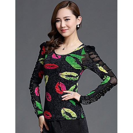 Spring/Fall Casual/Daily/Plus Size Women's Tops Round Neck Long Sleeve Fashion Printing Rhinestone Slim Blouse Shirt