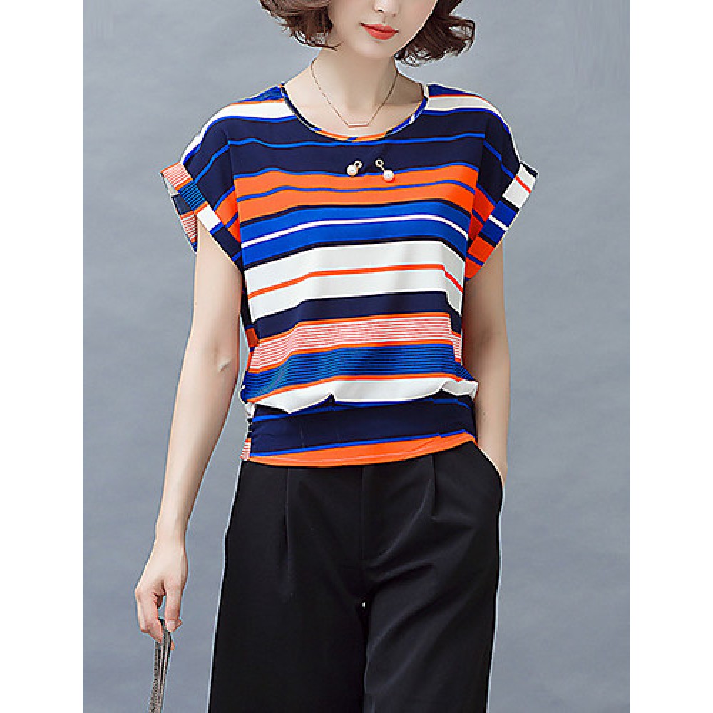 Women's Casual/Daily Boho / Street chic Blouse,Striped Round Neck Short Sleeve Gray Polyester Thin