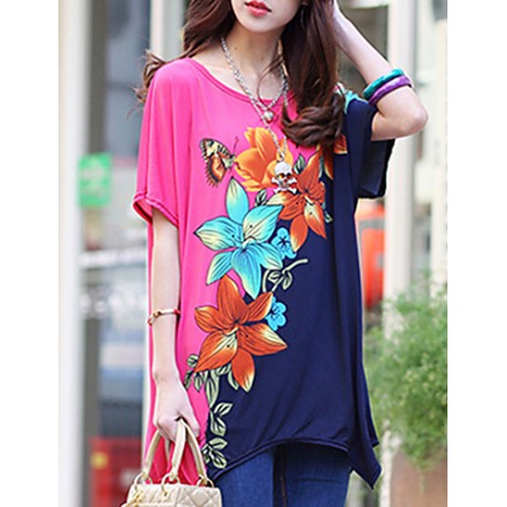 Women's Casual/Daily Boho / Street chic Summer T-shirt,Floral Round Neck Short Sleeve Pink Rayon Thin