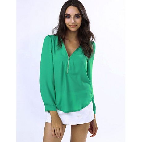 Women‘s V Neck Long Sleeve Zipper Blouse(More Colors)