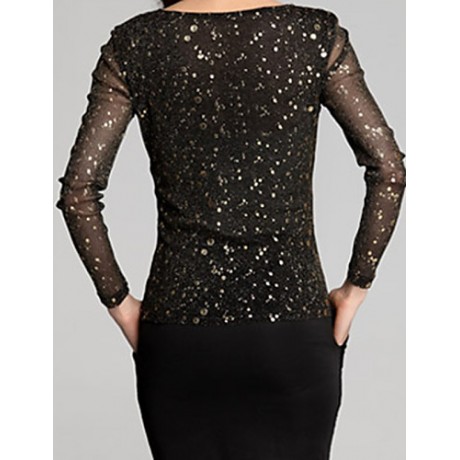 Women's Lace BlueBlack Blouse , Round NeckAsymmetrical Long Sleeve