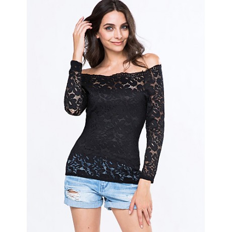 Women's Vogue Lace Bateau Long Sleeve Hollow Out Lace T-shirt